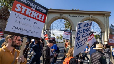 People picket outside of Paramount Pictures on the first day of the Hollywood writers strike on May 2, 2023