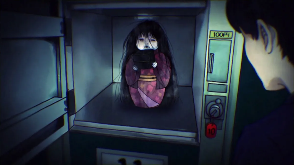 A spooky little girl sits in a microwave while a man watches in "Yamishibai"