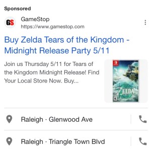 GameStop ad for Zelda: Tears of the Kingdom midnight release parties.