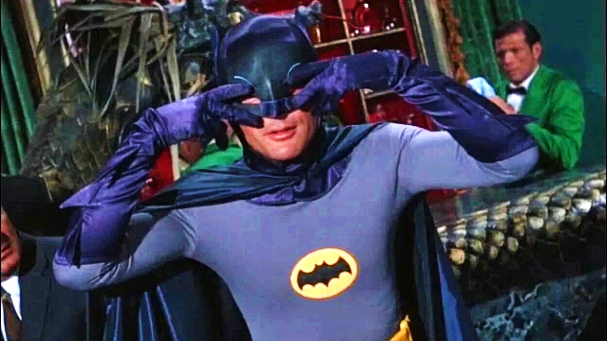 Adam West posing as Batman in "Batman" TV series