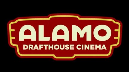 The Alamo Drafthouse Cinema logo. The words are in white on a red logo outlined in yellow, and the whole thing is on a black background.