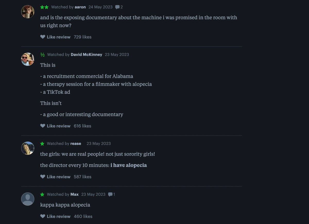 Letterboxd user reviews of 'Bama Rush'