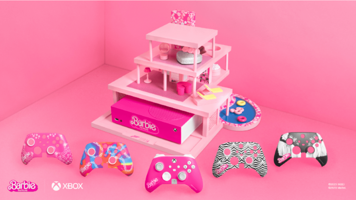 Barbie dreamhouse custom Xbox Series S and 5 different Barbie-themed controller faceplates