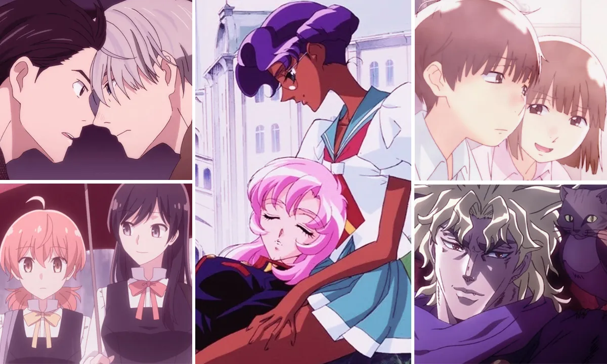 The best LGBTQ anime, clockwise from top left: 'Yuri on Ice,' 'Revolutionary Girl Utena,' 'Wandering Son,' 'JoJo's Bizarre Adventure,' and 'Bloom Into You'