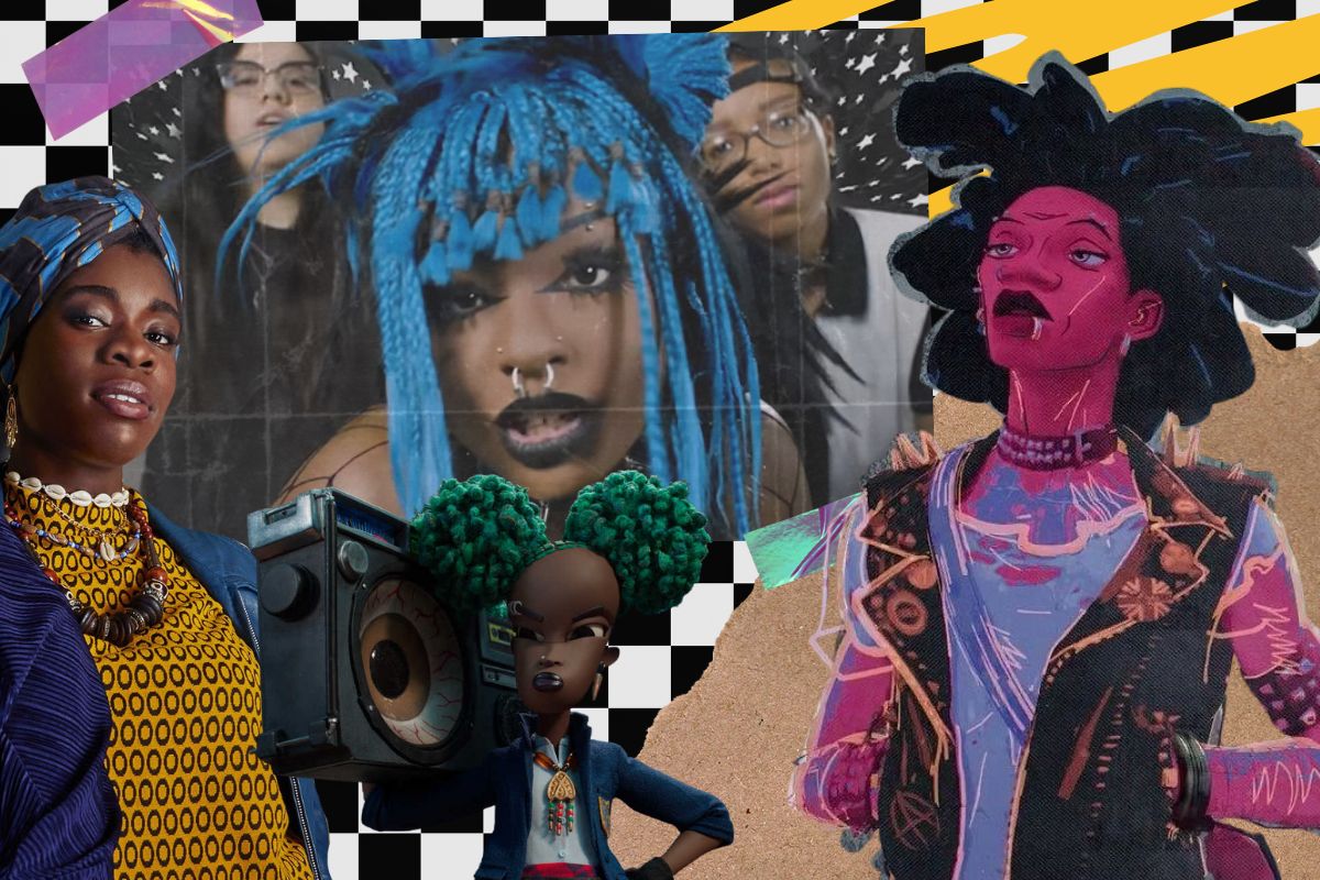 Collage of various Black punk, emo, and alt people and characters from the 2020s.