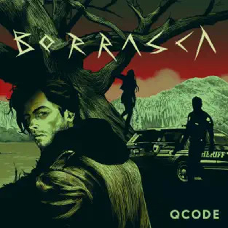 The Borrasca profile picture. White text in scratchy letters appears at the top of a folk art influenced painting of a tree with a cop car next to it and  male and female sillouettes leaning on them. An unshaven white man in a leather jacket looks back at the viewer over his shoulder.
