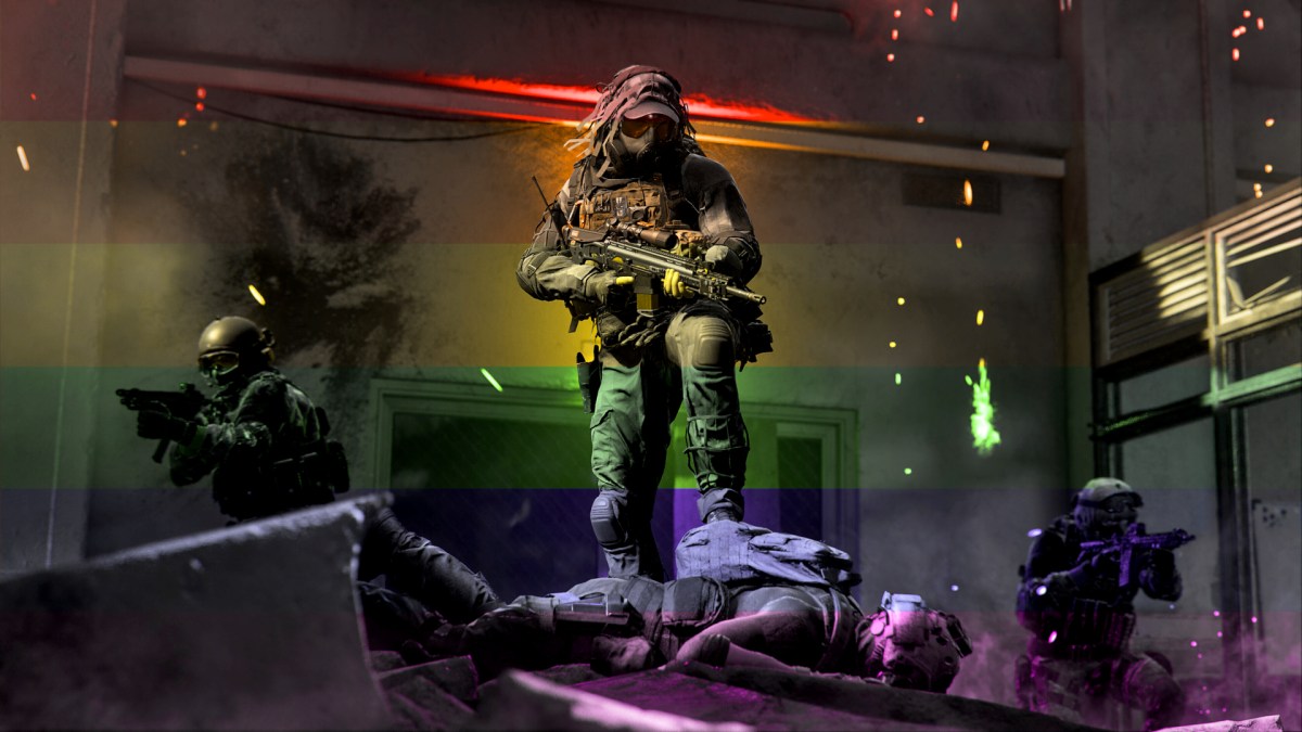 Call of Duty: Modern Warfare 2 screenshot with a rainbow flag in the background.