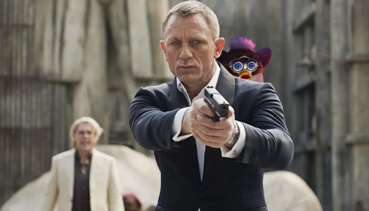 Daniel Craig as James Bond in Skyfall with a Furby from The Mitchells vs The Machines