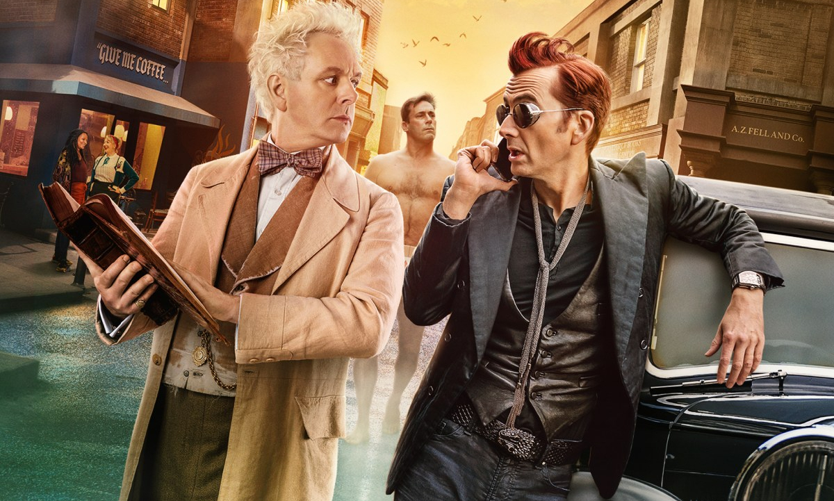 Aziraphale (Michael Sheen), Crowley (David Tennant), and Gabriel (Jon Hamm) in 'Good Omens' season 2