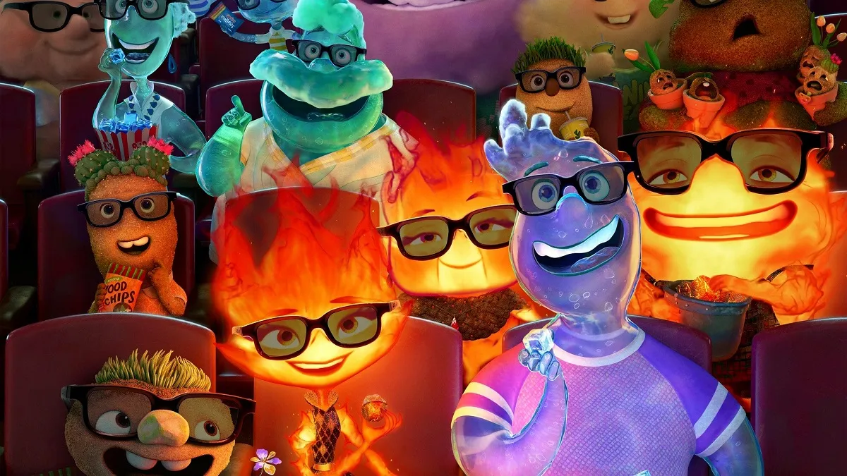 A scene from Pixar's animated film, 'Elemental.' Ember, a female-coded fire element and Wade, a male-coded water element are seated watching a movie in a movie theater wearing 3-D glasses, surrounded by other moviegoers of various elements. 