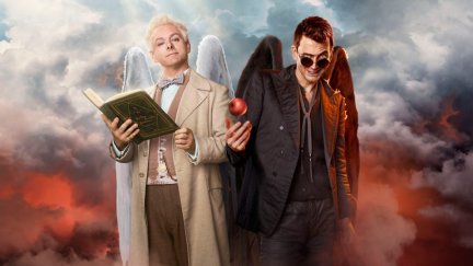 Michael Sheen as Aziraphale and David Tennant as Crowley in Good Omens. Aziraphale holds a book, while Crowley holds an apple. Clouds are behind them.