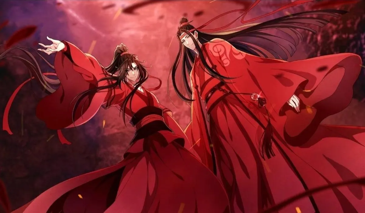 Medium shot of Wei Wuxian and Lan Wangji from Grandmaster of Demonic Cultivation, both wearing red costumes, enveloped by magical clouds and wind