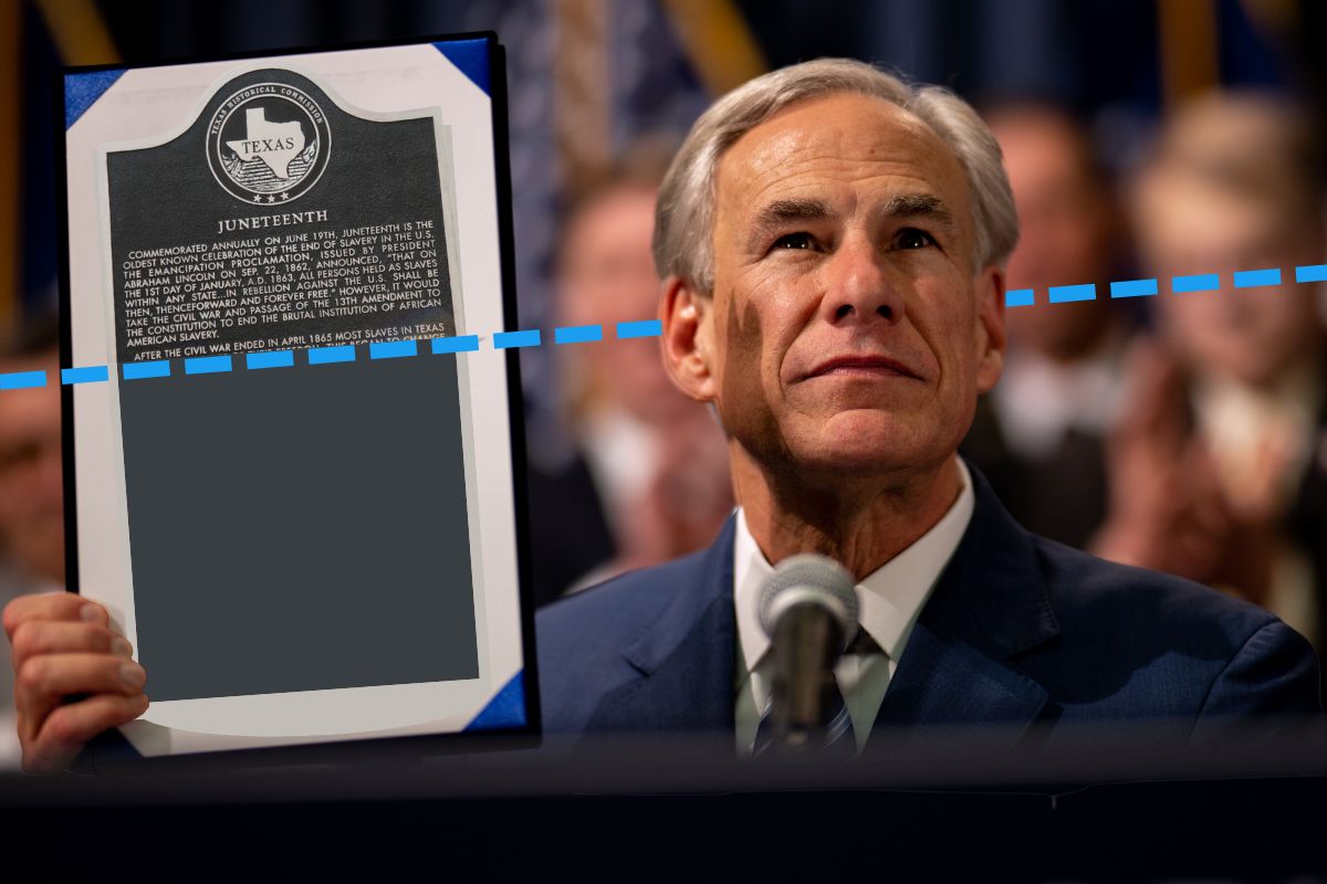 Juneteenth historical marker cropped out and missing 2/3rds. This is imposed unto an image of Texas Governor Greg Abbott holding up a Bill he signed in June 2023.