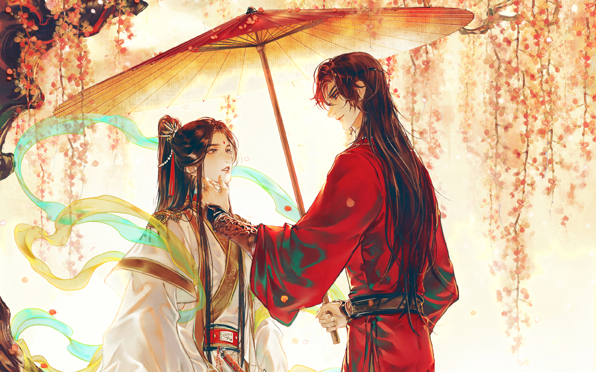 Hua Cheng and Xie Lian from Heaven Official's Blessing standing under an umbrella beneath the branches of a tree in autumnal colors