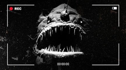 Screenshot from the video game 'Iron Lung' published by David Szymanski. It's a black and white image through the viewfinder of a video camera recording and a large, scary-looking mutant fish coming at us with its mouth open wide showing spindly, sharp teeth.