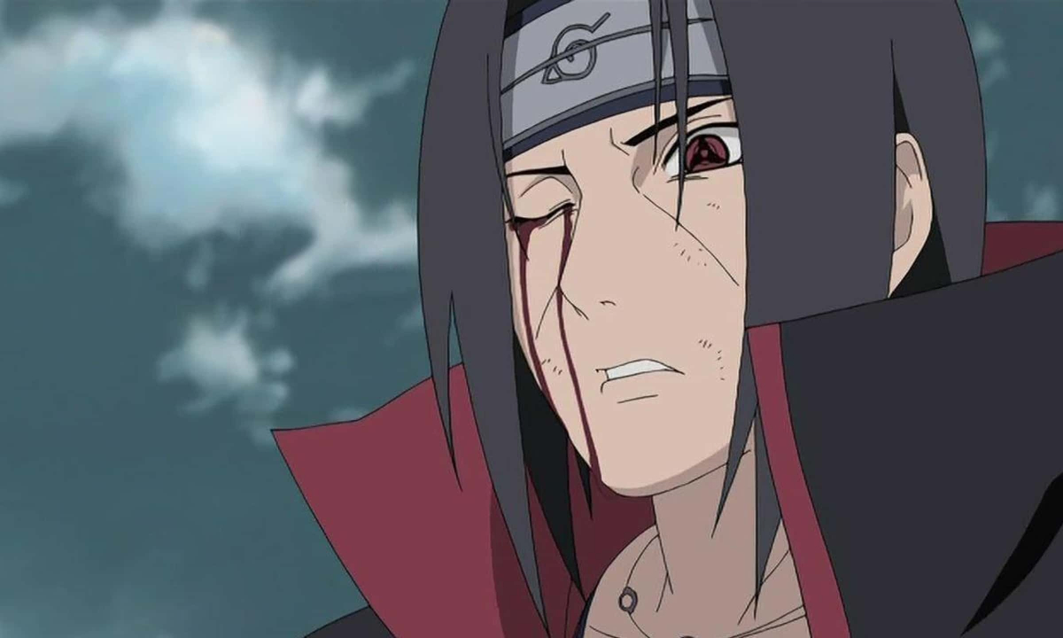 Itachi Uchiha in the anime series 'Naruto Shippuden.' He is bleeding from a closed eye.
