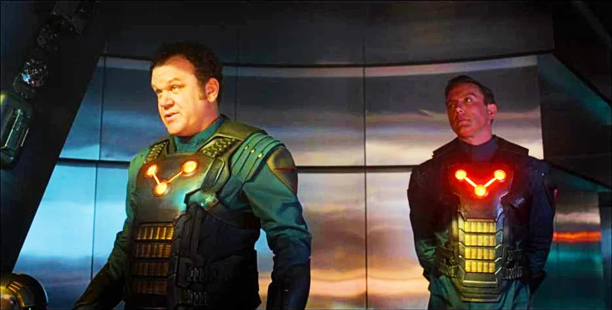 John C Reilly as Corpsman Dey and Enzo Cilenti as Watchtower Guard in Guardians of the Galaxy