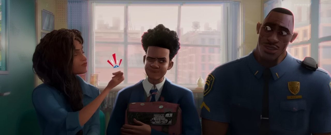 Rio snapping at her son (Miles Morales) who sits between her and his father. Her snap creates a Puerto Rican flag.