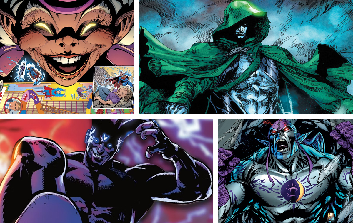 Most powerful DC characters, featuring (clockwise from top left): Mr. Mxyzptlk, the Spectre, Eclipso, the Great Evil Beast