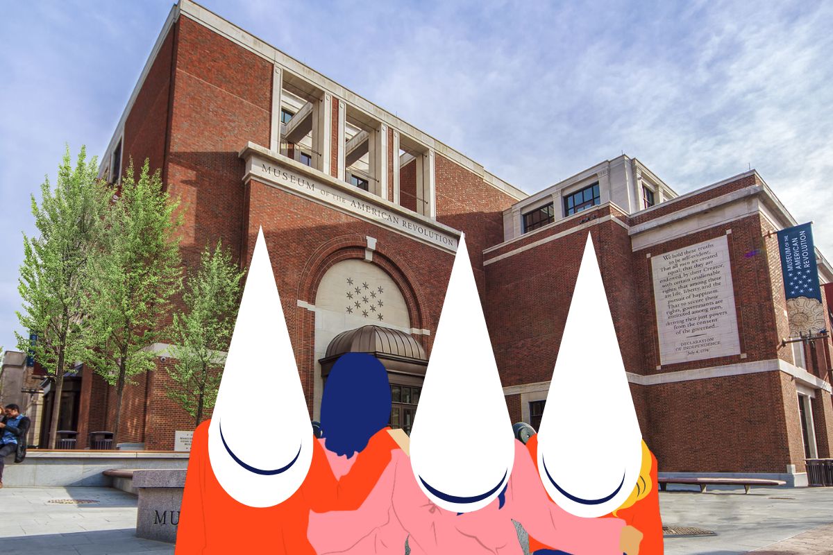 Three women with white hoods resembling the KKK and one new recruit walking arm in arm to the Museum of the American Revolution in Philadelphia.