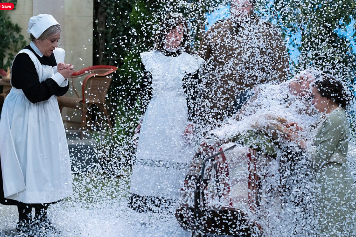 Nancy Zamit, Jonathan Sayer, Charlie Russell, Henry Lewis, and Bryony Corrigan in The Play Goes Wrong; Summer Once Again; Dressed in black and white Victorian garb the cast are obscured by fake snow