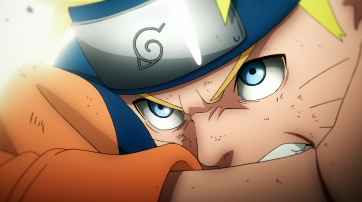 A close-up of Naruto Uzumaki's face in 'Naruto.' He looks determined.