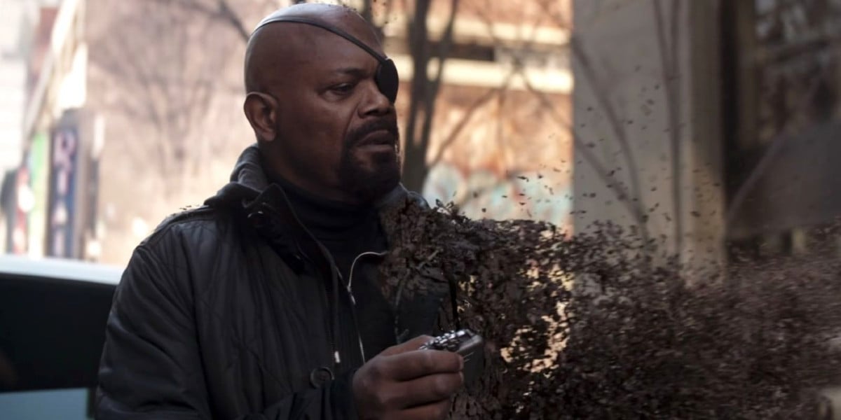 Samuel L. Jackson as Nick Fury in the Avengers: Infinity War post-credit scene, as he turns to dust because of Thanos' snap
