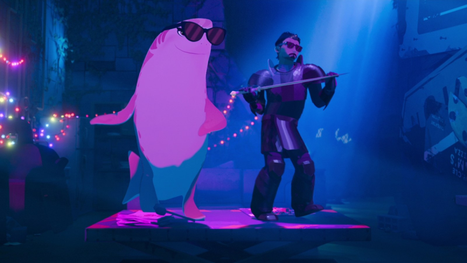Nimona (in shark form) and Ballister dance together