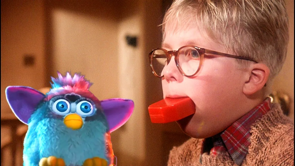 Peter Billingsley in A Christmas Story with soap in his mouth next to a Furby from The Mitchells vs The Machines