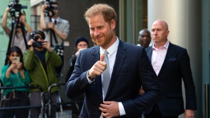 Prince Harry, Duke of Sussex, gives a thumbs up as he leaves after giving evidence at the Mirror Group Phone hacking trial at the Rolls Building at High Court on June 7, 2023 in London, England.