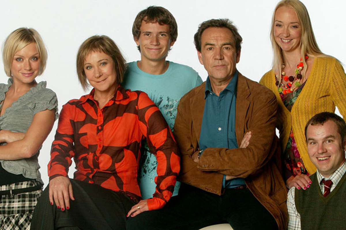Promotional image for My Family featuring Robert Lindsay, Zoe Wanamaker, Gabriel Thomson, Daniela Denby-Ashe, Siobhan Hayes, Keiron Self, and Kris Marshall. The cast are lined up, smiling.