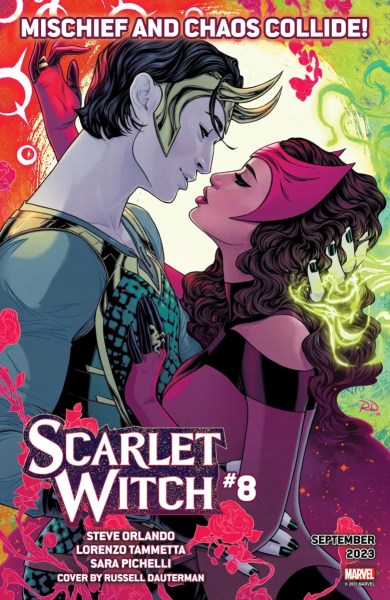Cover of Scarlet Witch #8. Wanda and Loki embrace, gazing lovingly into each other's eyes.