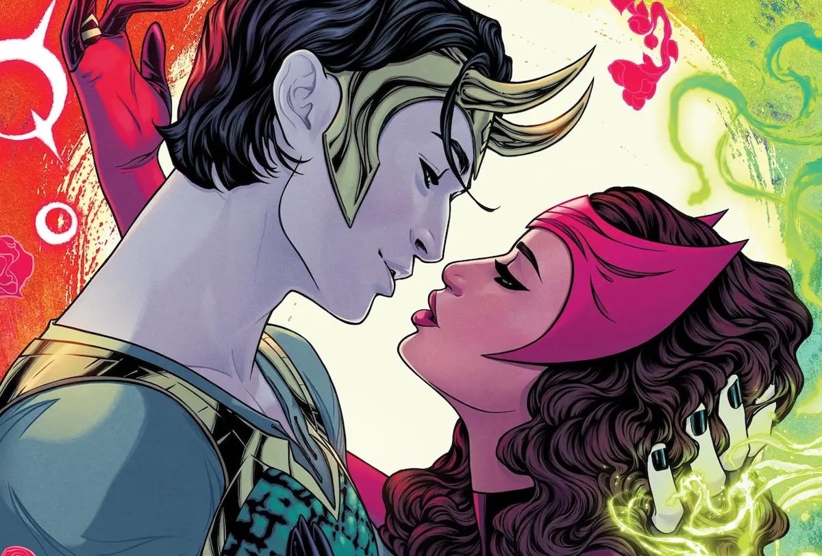 An illustration of Loki and the Scarlet Witch gazing into each other's eyes, almost kissing, with red and green magic swirling around them.