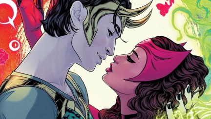 An illustration of Loki and the Scarlet Witch gazing into each other's eyes, almost kissing, with red and green magic swirling around them.