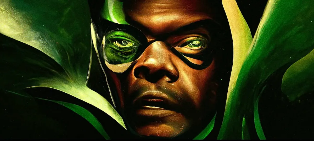 A painting of Nick Fury, with green swirling around him. The image looks just a little off, with his features not quite right.