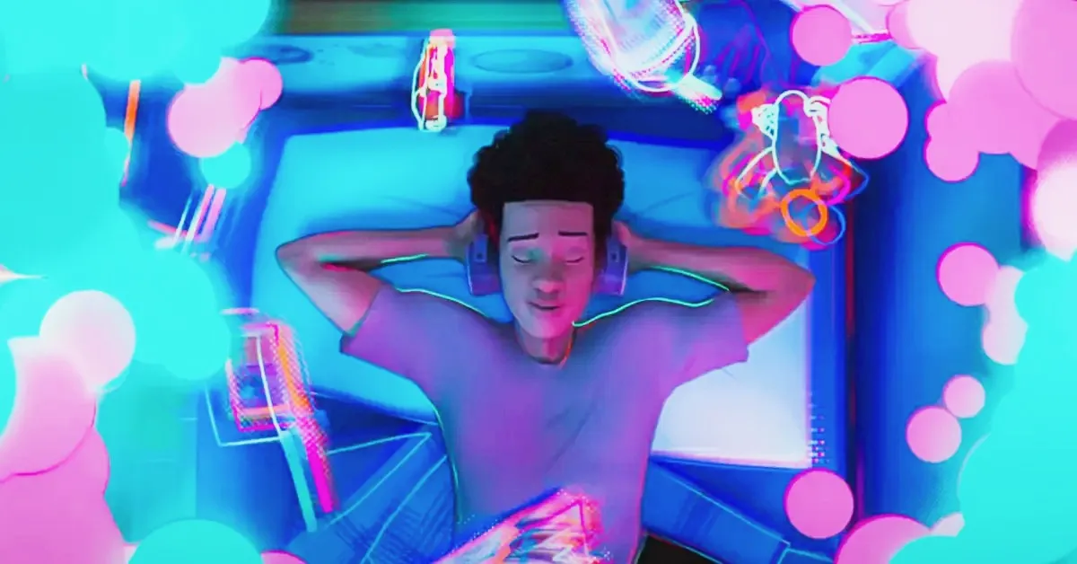 Shameik Moore as Miles Morales with headphones on in Spider-Man: Across the Spider-Verse