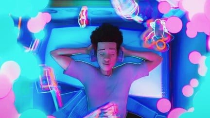Shameik Moore as Miles Morales with headphones on in Spider-Man: Across the Spider-Verse