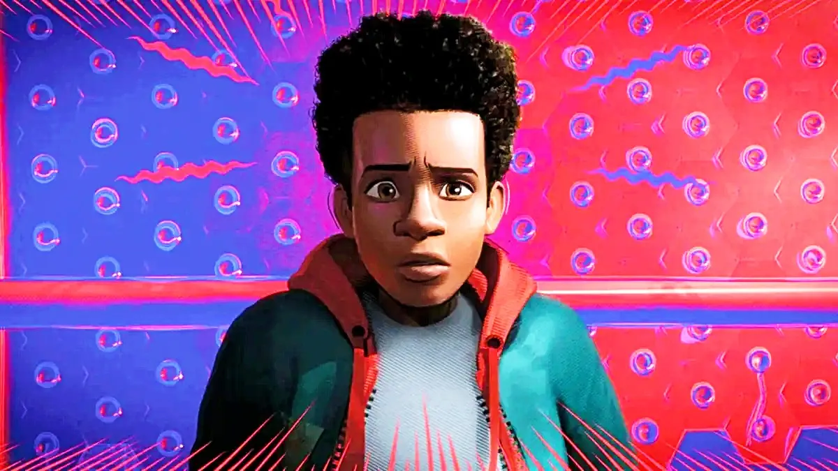 Shameik Moore as Miles Morales meeting Spider-Man in Spider-Man: Into the Spider-Verse