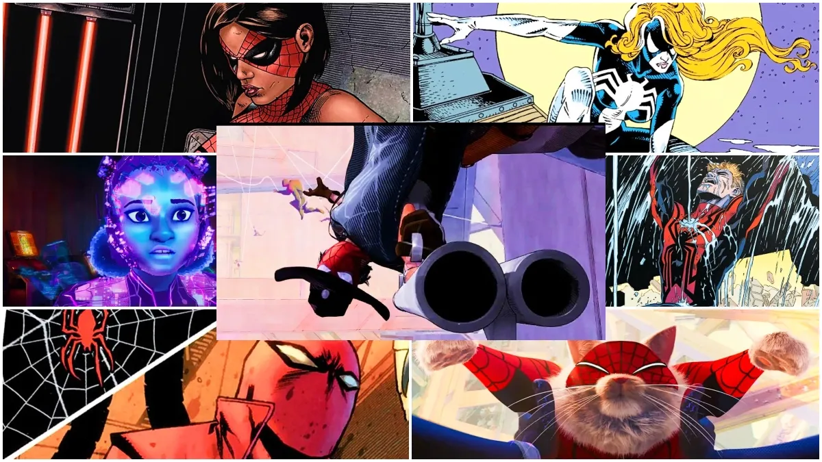 Spider-Man Variants collage featuring Spider-Bitch, Spider-Byte, Last Stand Spider-Man, Julia Carpenter, Captain Spider, Spider-Cat, and Web-Slinger