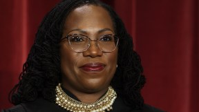 United States Supreme Court Associate Justice Ketanji Brown Jackson poses for an official portrait at the East Conference Room of the Supreme Court building on October 7, 2022 in Washington, DC.