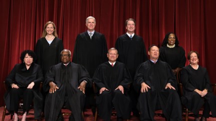 United States Supreme Court (front row L-R) Associate Justice Sonia Sotomayor, Associate Justice Clarence Thomas, Chief Justice of the United States John Roberts, Associate Justice Samuel Alito, and Associate Justice Elena Kagan, (back row L-R) Associate Justice Amy Coney Barrett, Associate Justice Neil Gorsuch, Associate Justice Brett Kavanaugh and Associate Justice Ketanji Brown Jackson pose for their official portrait at the East Conference Room of the Supreme Court building on October 7, 2022 in Washington, DC.