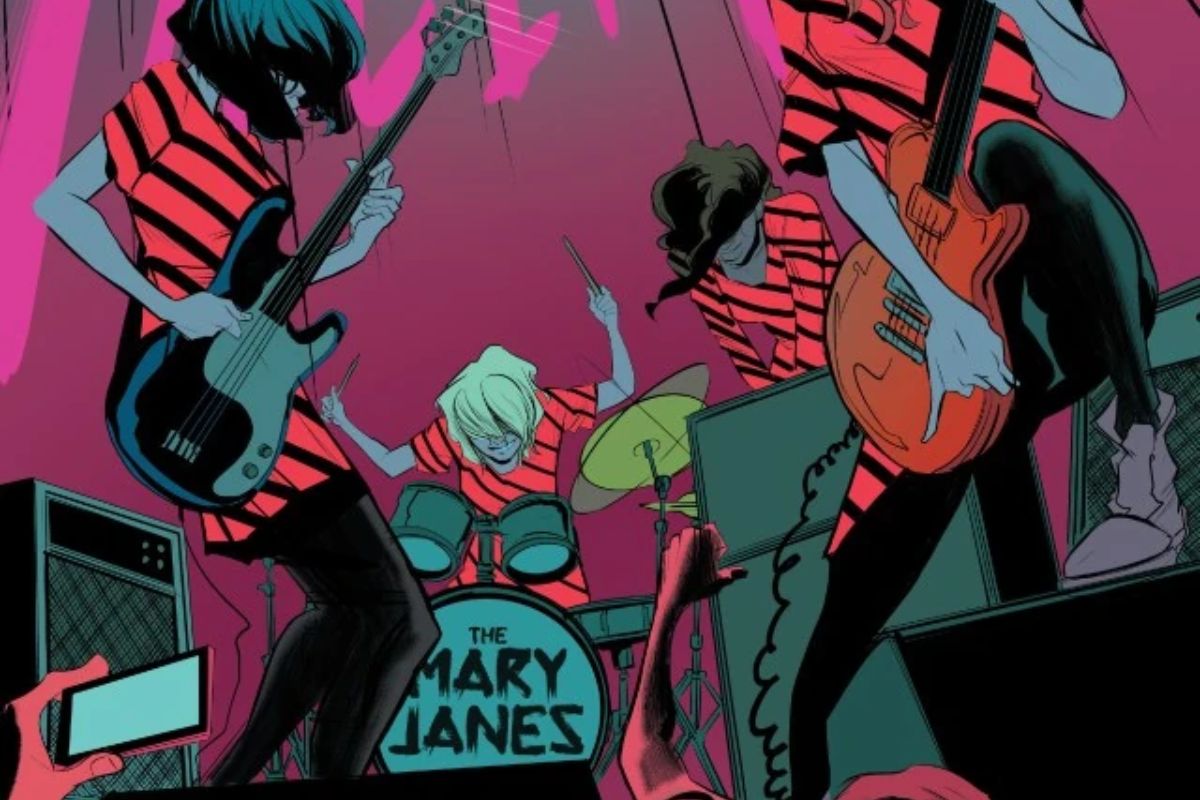 Earth-65 The Mary Janes (Em Jay Watson, Glory Grant, Betty Brant, and Gwen Stacy) rocking out in Edge of Spider-Verse #2.