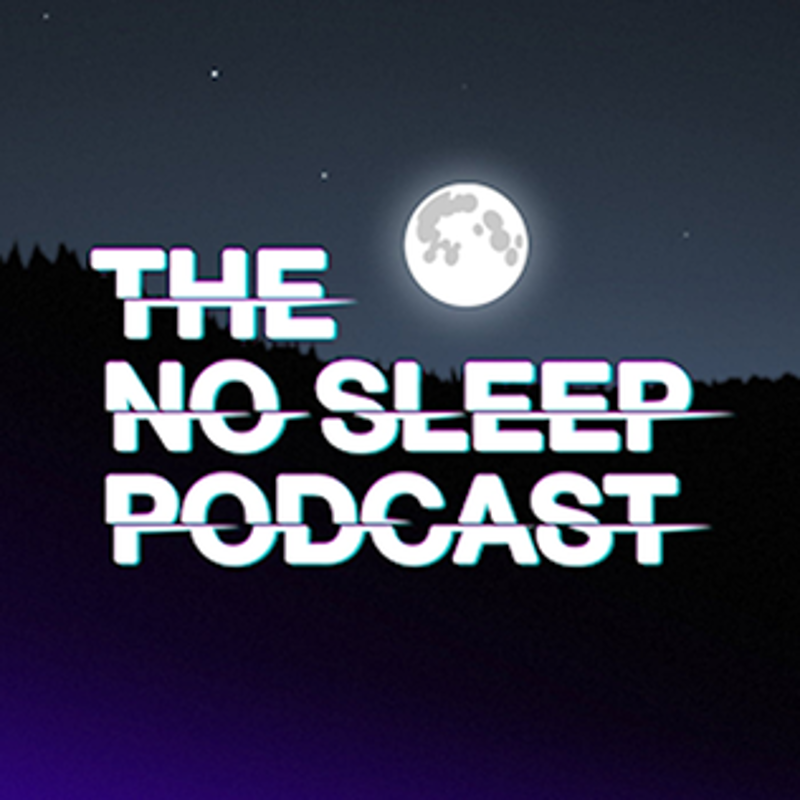 The No Sleep Podcast logo. A Blue toned night scene of a moon over a lake with the title in white text across the middle.