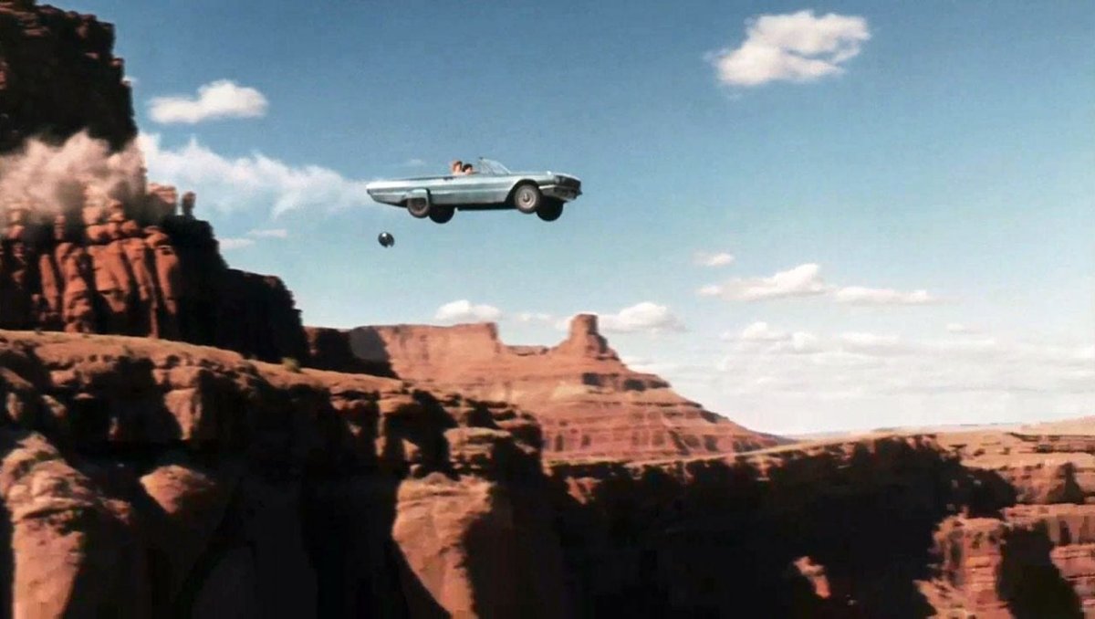 The car flying off the cliff at the end of Thelma & Louise (Pathé Entertainment)