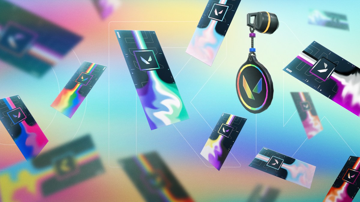 A collection of Valorant Pride banners and gun buddies, as part of 2023's Pride event.
