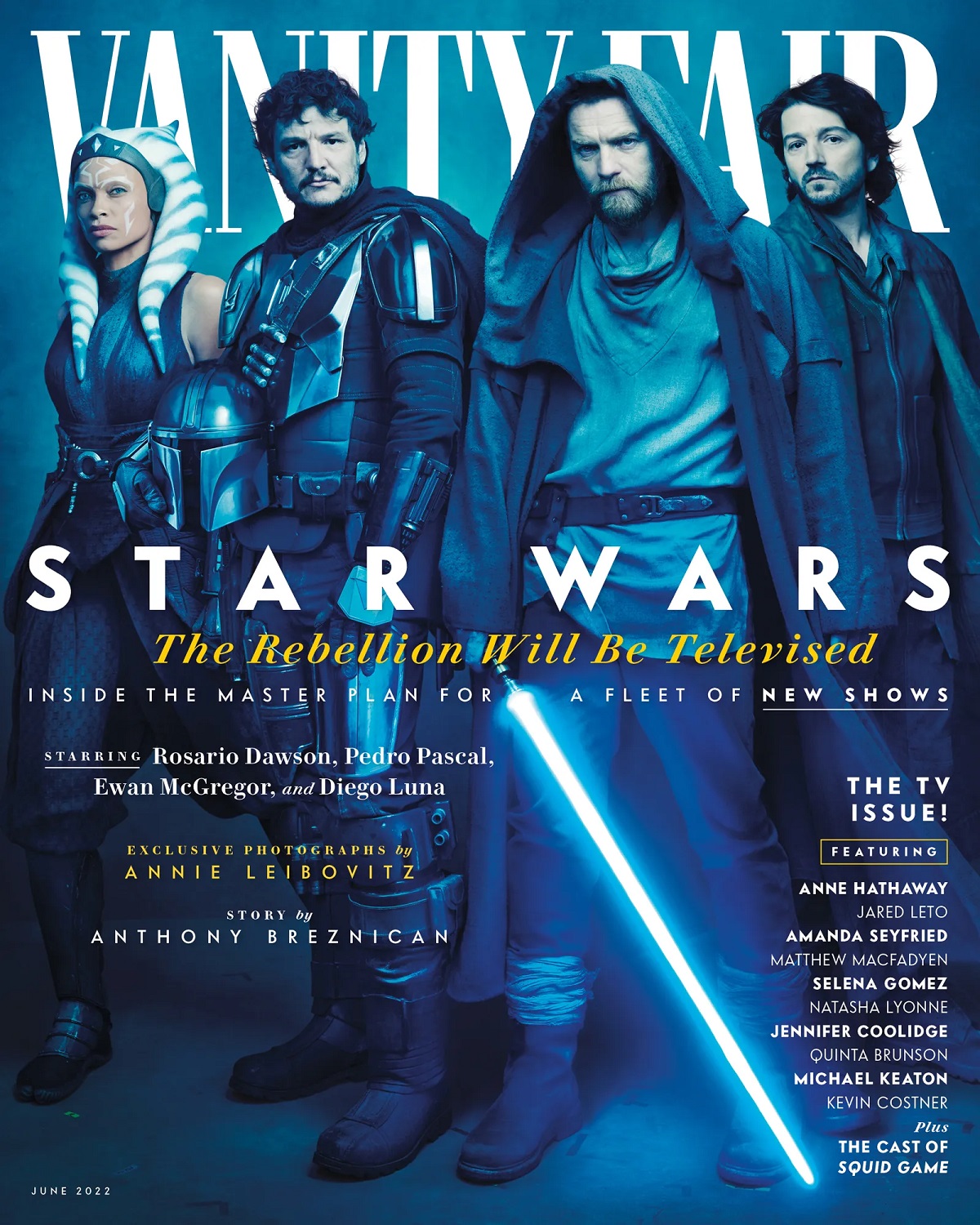 Image of a Star Wars 'Vanity Fair' cover from June 2022. Group full-body photo of Rosario Dawson as Ashoka Tano, Pedro Pascal as the Mandalorian, Ewan McGregor as Obi-Wan Kenobi, and Diego Luna as Cassian Andor. The cover reads "Star Wars: The Rebellion Will Be Televised. Inside the master plan for a fleet of new shows." This is the 'Vanity Fair' TV issue.