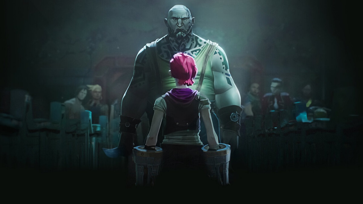 Image of Vi with her back turned to us as she faces one of Silco's enormous, tatted henchmen in a scene from Netflix's 'Arcane.' Vi is a white teenage girl with chin-length shaggy pink hair wearing a white t-shirt under a sleeveless vest with a hood and huge metal gloves on her arms. The guy she's facing down is huge and muscular and stands a foot taller than her. He's bald, white, and has facial piercings. He's wearing a white undershirt, and pants with suspenders.