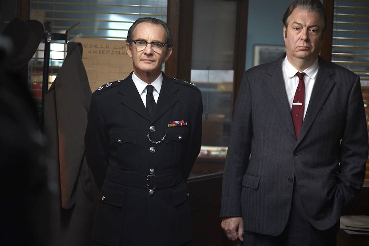 Anton Lesser and Roger Allam pose as policeman in 'Endeavour'