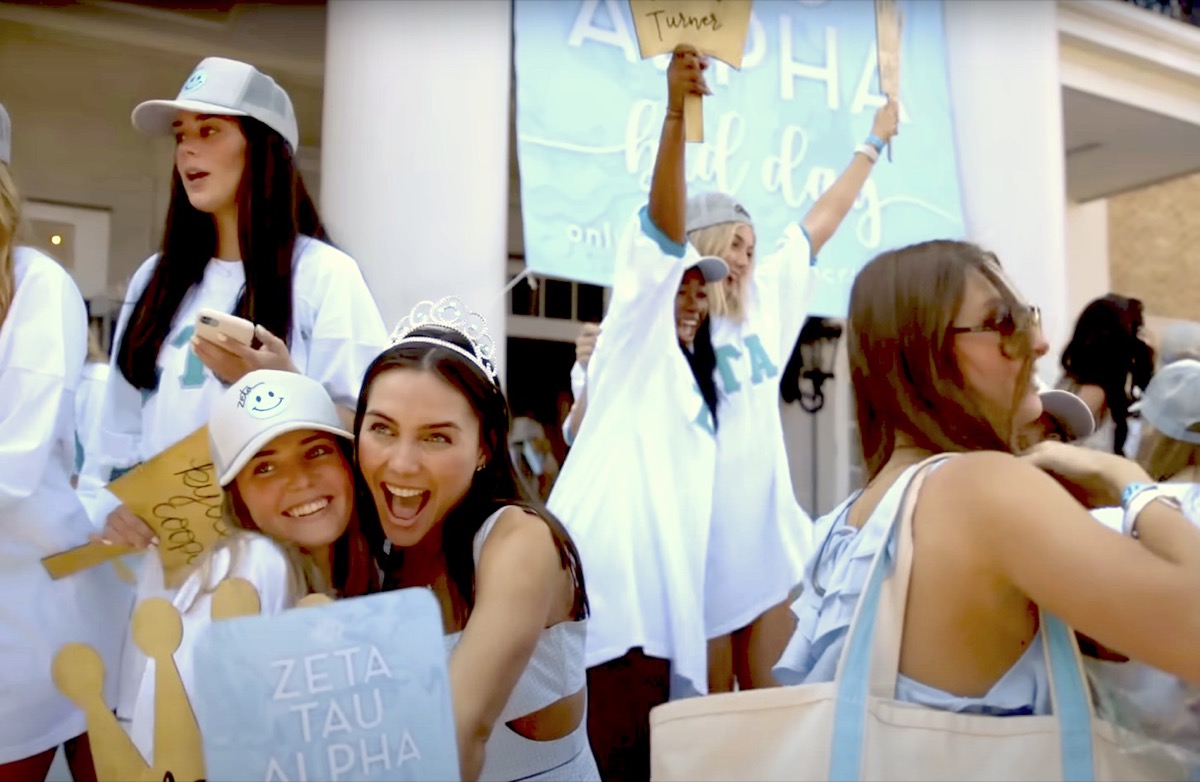 Bama Rush documentary trailer still of a celebratory crowd of women in a sorority.