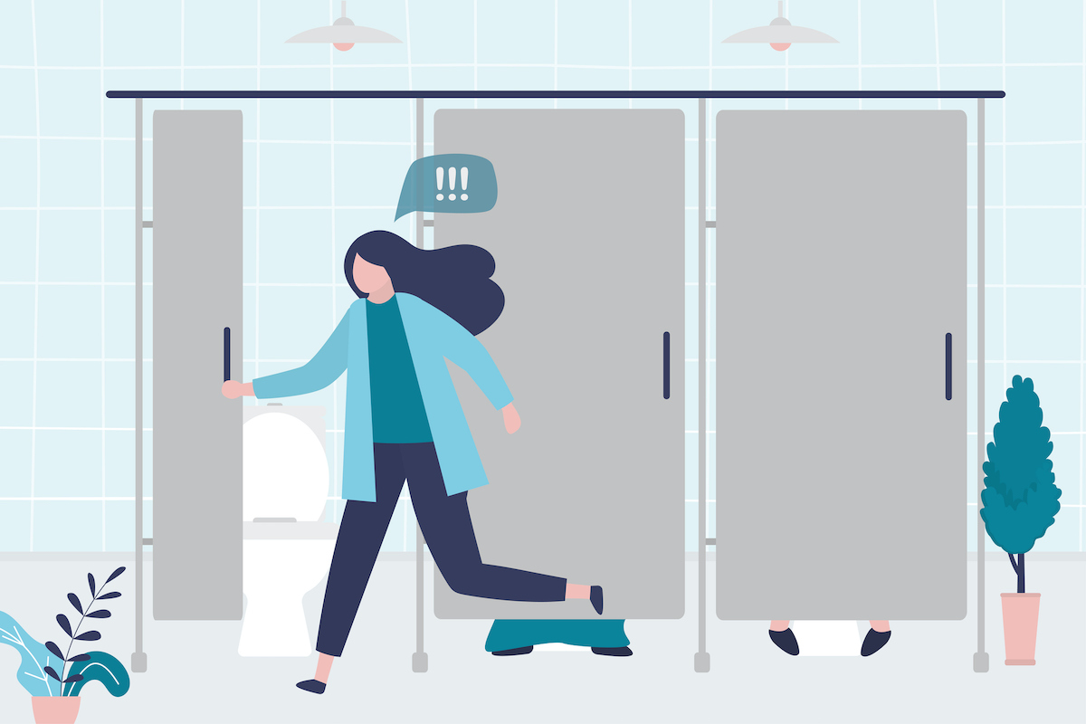 Illustration of a woman running into a bathroom stall with exclamation points in a word bubble.
